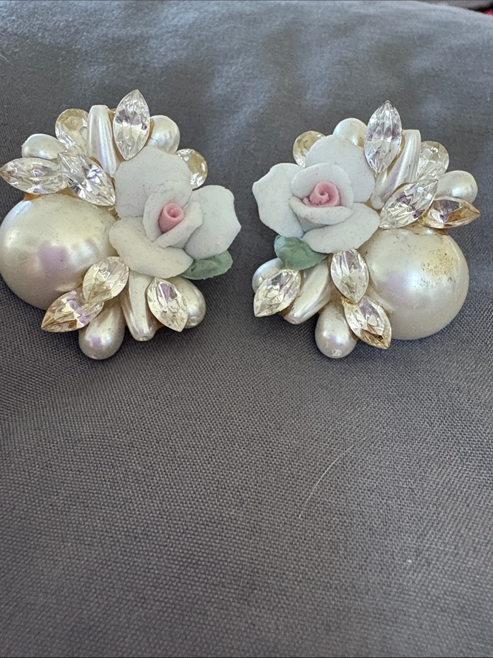 Delicate Pearl & Porcelain Rose pierced Earrings - White w Pink Accents